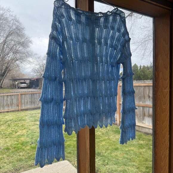 Light Blue Women's Open Knit Scallop-Trim Sweater - Picture 9 of 13